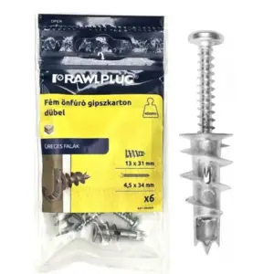 Csavarmenetű fém önfúró gipszkarton dűbel 13x31 mm+Dfejű csavar 4,2x32mm (30db)