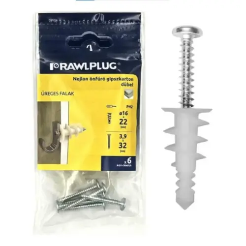 Csavarmenetű gipszkarton dűbel önfúró 16x36mm+ D-fejű csavar 3,9x32mm(12db/csom)
